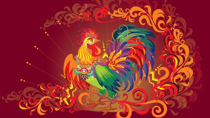 Ilustração de um Galo colorido em um fundo vermelho