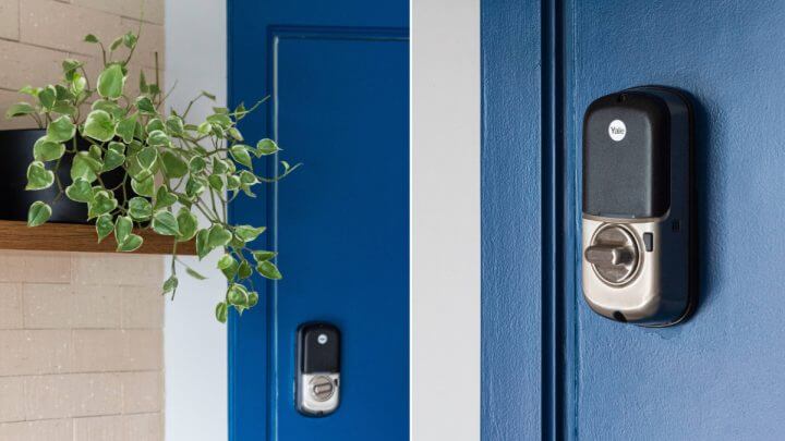 Porta azul com fechadura digital e planta de decoração