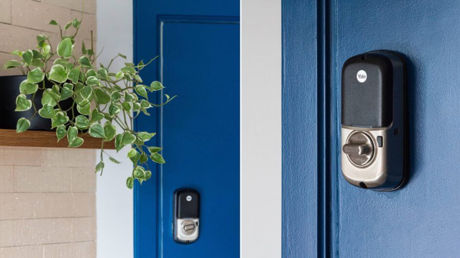 Porta azul com fechadura digital e planta de decoração