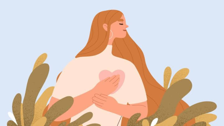 Ilustração de mulher ruiva com a mão no coração