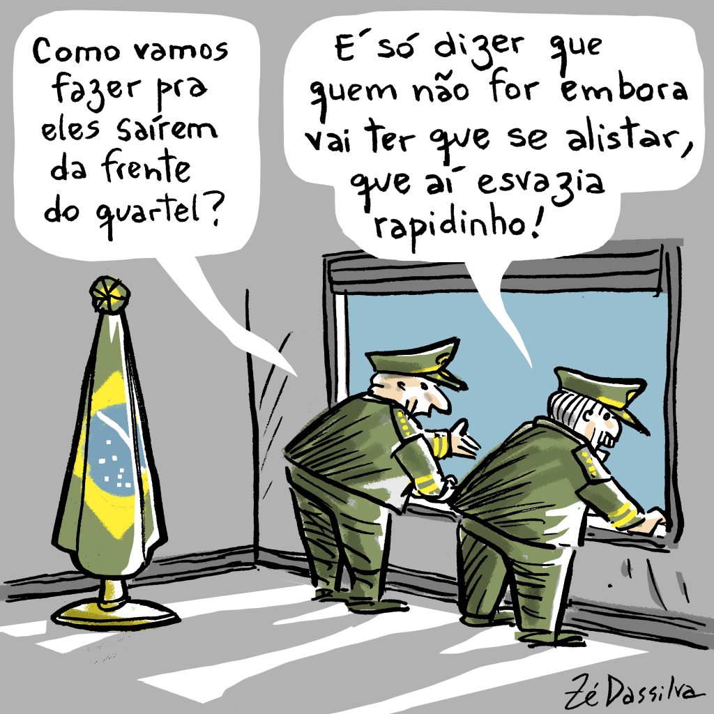Dois militares conversam dentro do quartel. Militar 1 fala: "Como vamos fazer pra eles saírem da frente do quartel?". O segundo militar responde: "É só dizer que quem não for embora vai ter que se alistar, que aí esvazia rapidinho!"