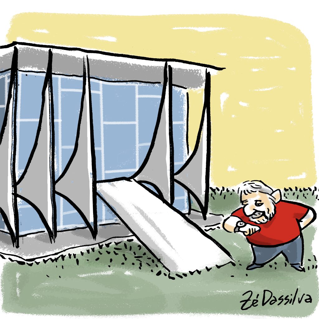 Lula parado ao lado do Palácio da Alvorada olhando para um relógio no seu pulso e contanto as horas