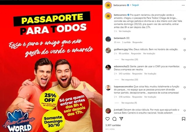 Anúncio de promoção divulgado pelo parque no dia 26 de outubro