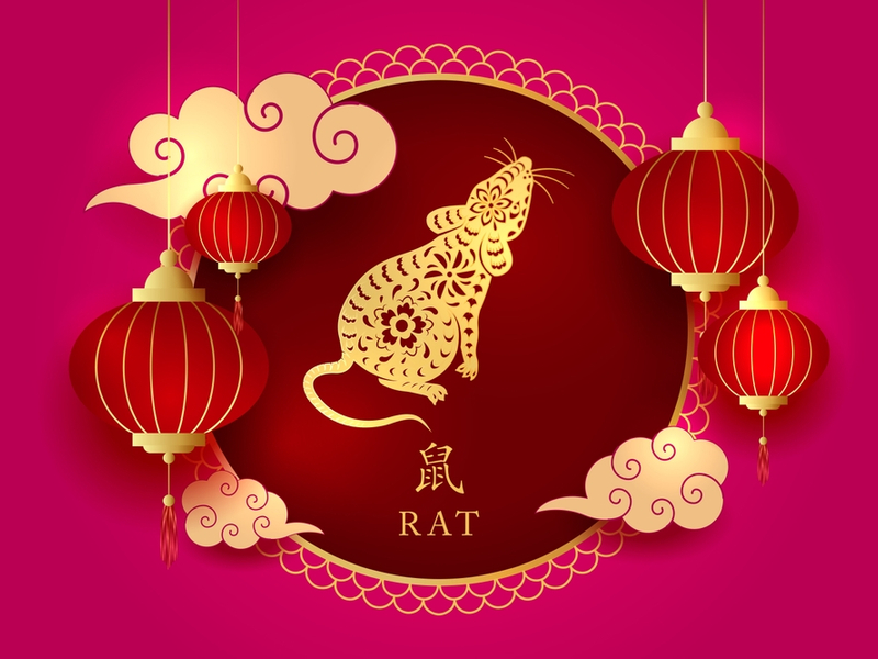 Ilustração de rato em tons de rosa, vermelho e dourado