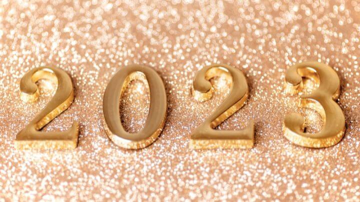 Ilustração dos números 2023 em um fundo com glitter