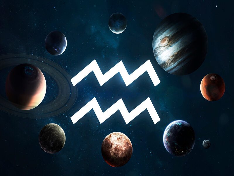 Ilustração do signo de Aquário rodeado por planetas
