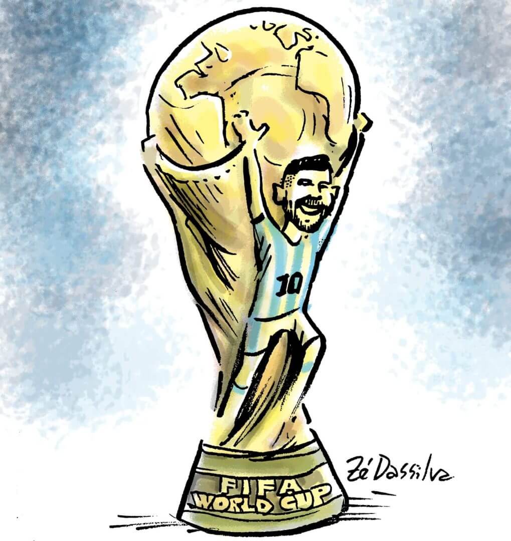 Na imagem, o jogador argentino Lionel Messi aparece desenhada na taça da Copa do Mundo.
