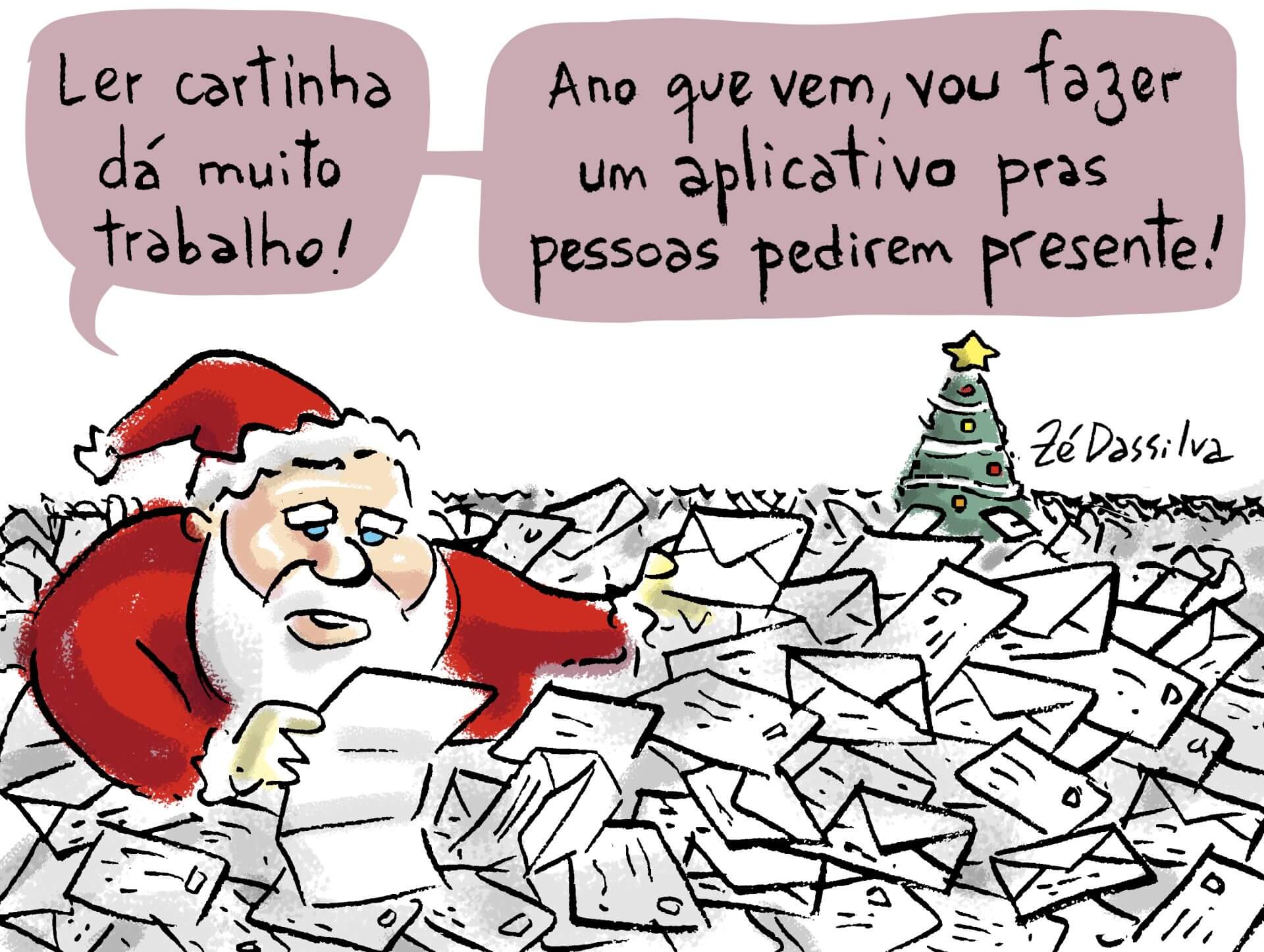 Na imagem o Papai Noel aparece rodeado de cartinhas de Natal e fala "Ler cartinha dá muito trabalho, ano que vem, vou fazer um aplicativo para as pessoas pedirem presentes".