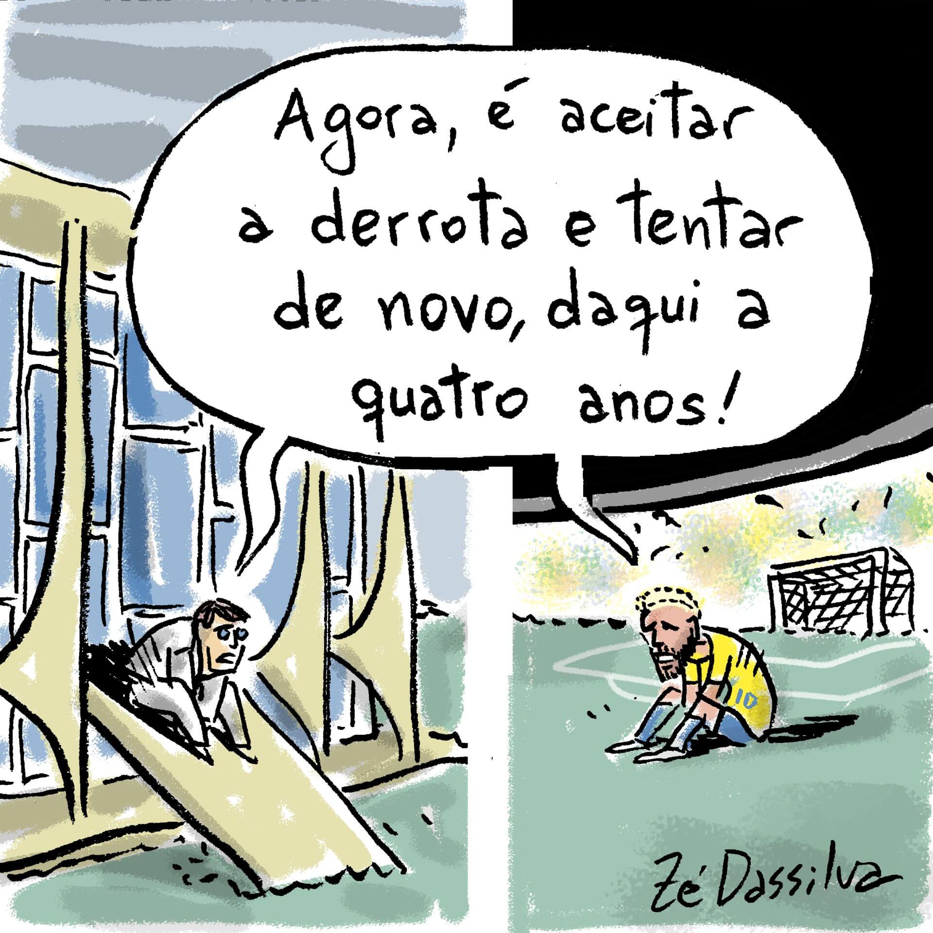A charge está dividida em duas cenas, do lado esquerdo aparece o presidente Jair Bolsonaro triste sentado na frente do Palácio da Alvorada. Do lado direito aparece o jogador da seleção Neymar sentando no chãoem um campo de futebol, ambos falam "Agora é aceitar a derrota e tentar de novo daqui a quatro anos!"