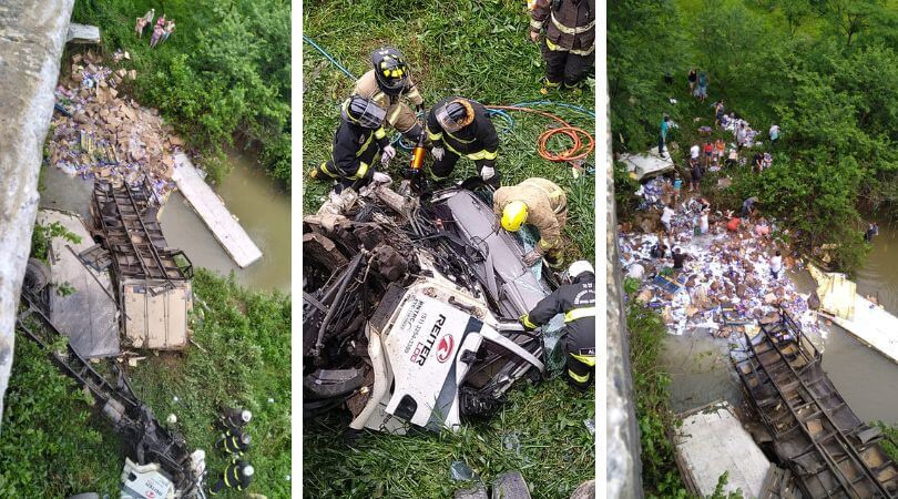 Caminhão caiu de ponte e ficou destruído