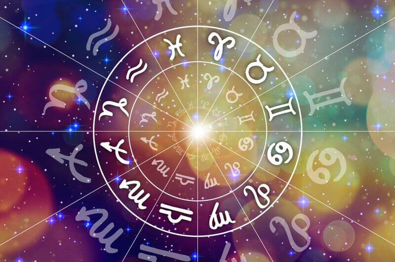 Círculo com os 12 signos do zodíaco no fundo roxo