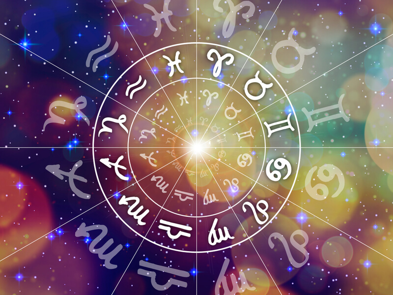 Círculo com os 12 signos do zodíaco no fundo roxo