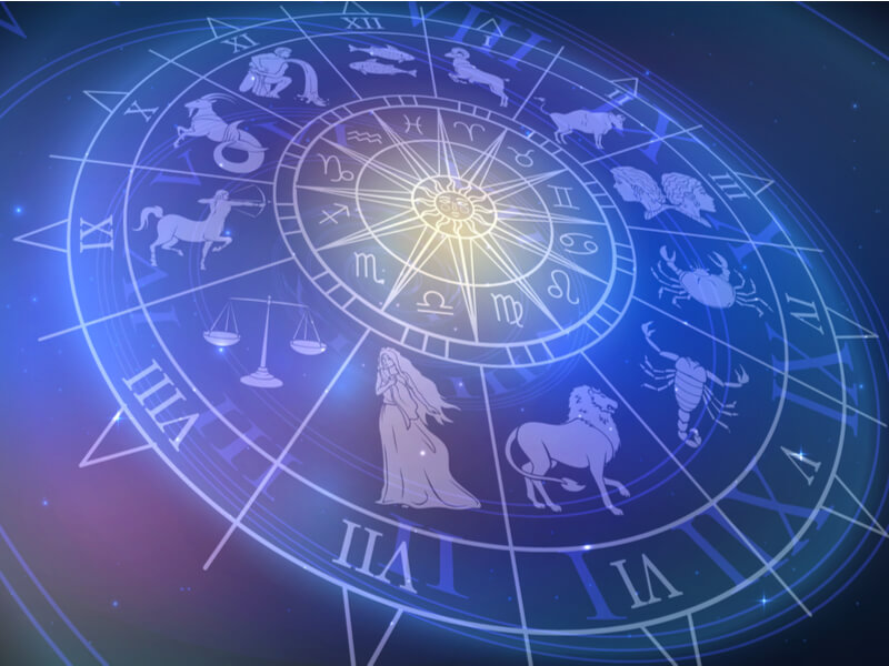 Círculo com os símbolos dos 12 signos do zodíaco no fundo roxo