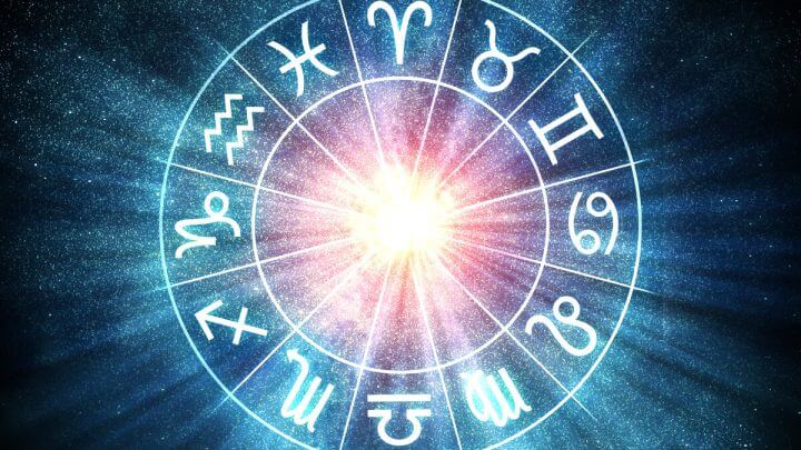Círculo com os 12 signos do zodíaco no fundo azul