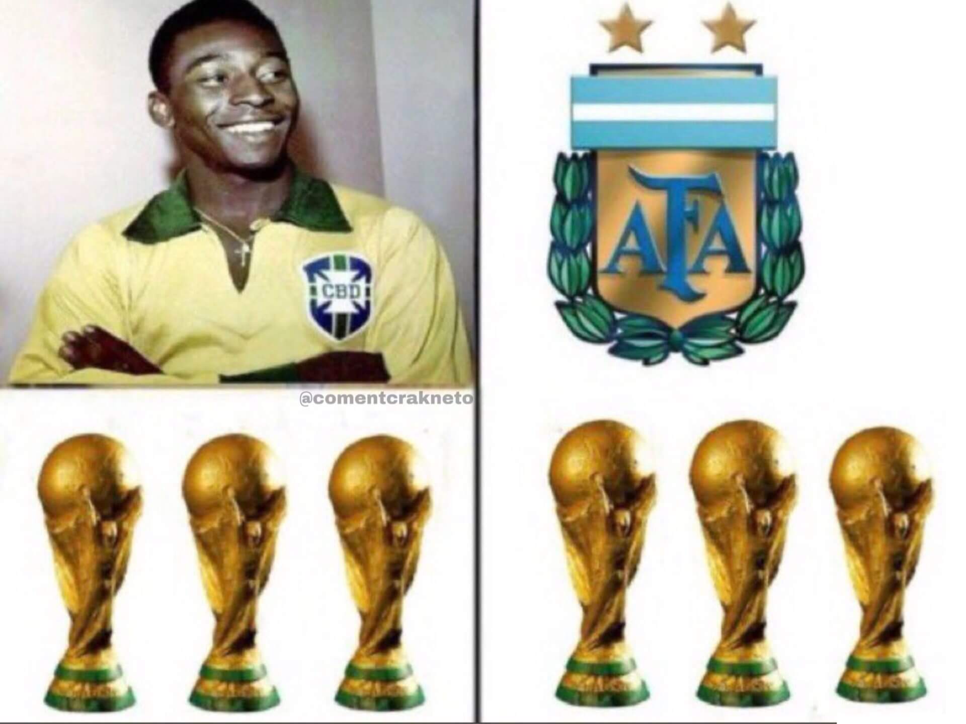 Colagem com Pelé e Argentina lado a lado, cada um com três copas