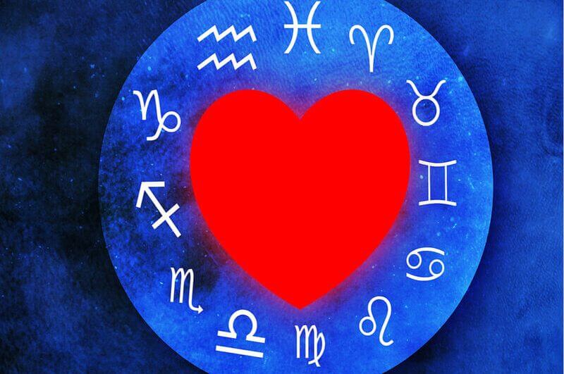 Ilustração de um circulo com os 12 signos do zodíaco e um coração vermelho no meio