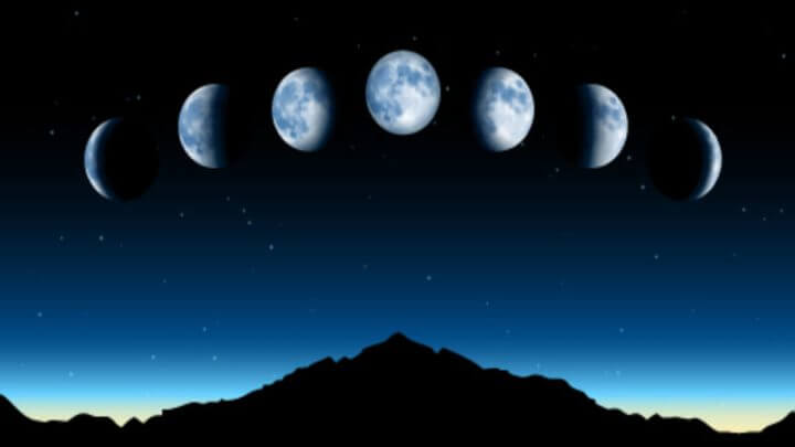 Ilustração do cliclo lunar em cima de uma montanha