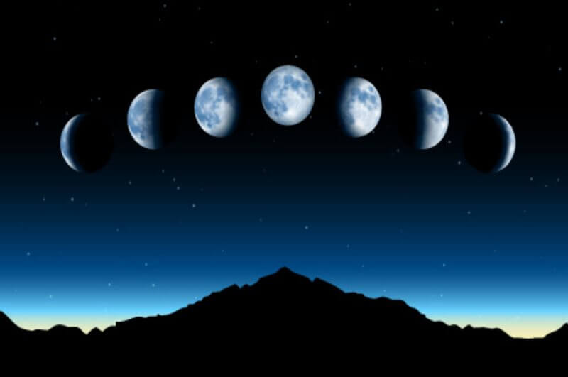 Ilustração do cliclo lunar em cima de uma montanha