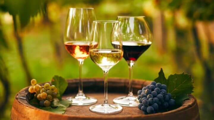Três taças de vinho rose, branco e tinto em cima do barril e uvas ao lado