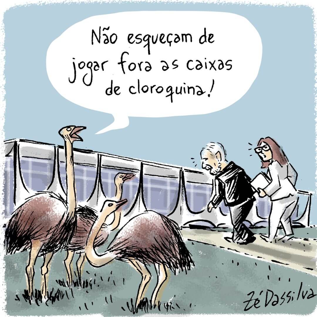 Ilustração de duas emas dizendo a Lula e Janja "Não esqueçam de jogar fora as caixas de cloroquina!"