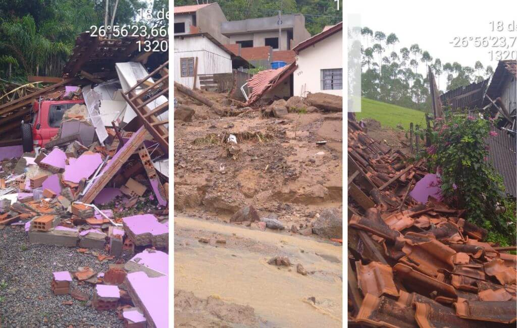 Casas ficaram alagadas e destruídas após serem atingidas por deslizamentos de terra em Rodeio