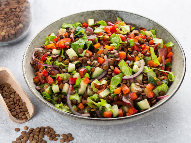 Recipiente com lentilha, tomate, pepino, alface e cebola