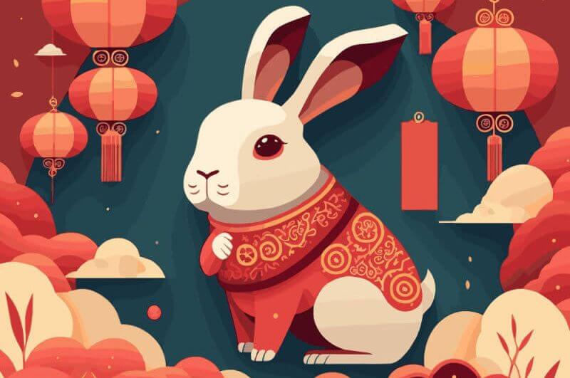 Ilustração de um coelho em frente a um fundo verde com nuvens