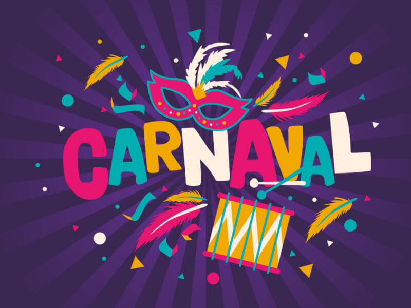 Ilustração com a palavra "carnaval", máscara, confete e tambor