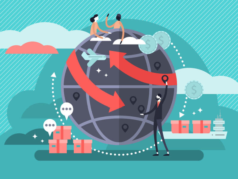 Ilustração com globo terrestre, moedas, caixas, flechas, avião e pessoas