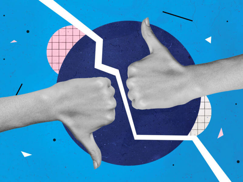 Colagem de mãos fazendo sinal positivo e negativo