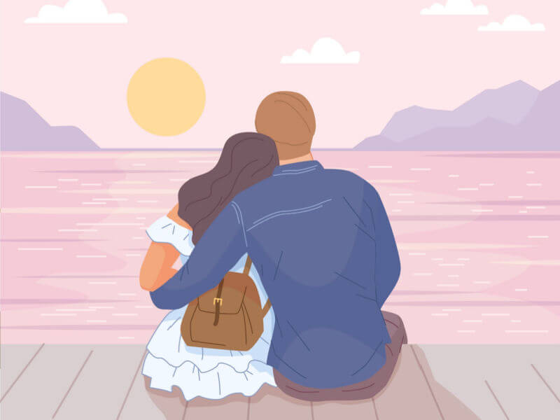 Ilustração de casal abraçado olhando para a água com sol ao fundo