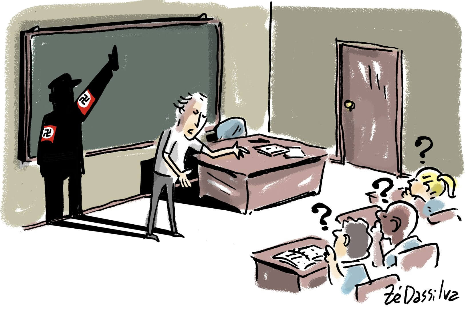 A imagem é uma representação do vídeo que viralizou. A cena é em uma sala de aula onde o professor aparece em pé falando e a sua sombra é de um soldado nazista, com o símbolo da suástica nos braços. Os alunos estão sentados nas carteiras com pontos de interrogação em suas cabeças.