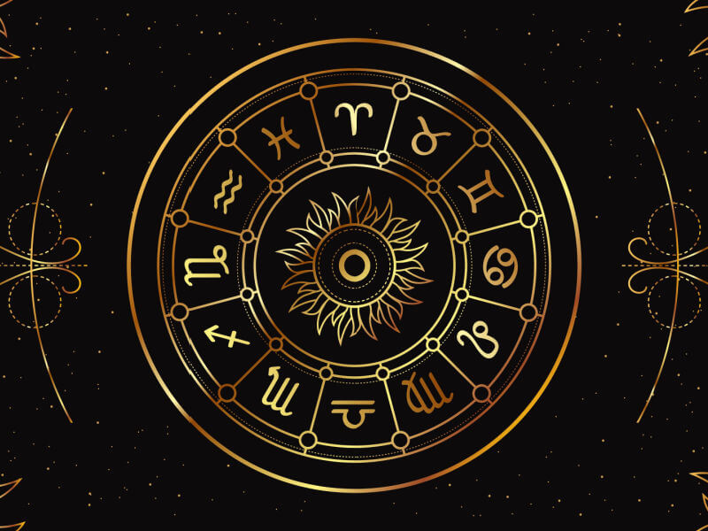 Ilustração de um circulo com os 12 signos do zodíaco
