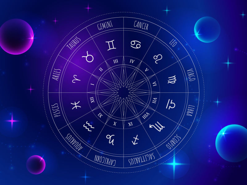 Ilustração de um circulo com os 12 signos do zodíaco