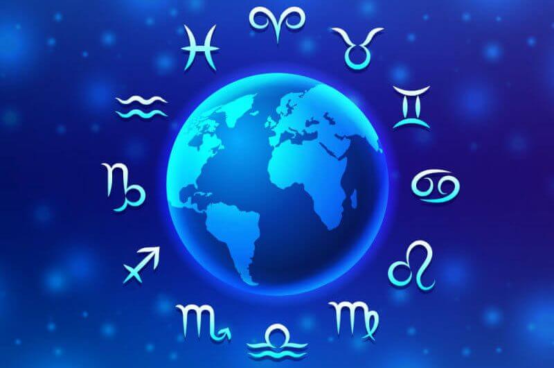 Ilustração do planeta Terra com os 12 signos do zodíaco ao redor