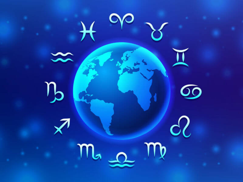 Ilustração do planeta Terra com os 12 signos do zodíaco ao redor