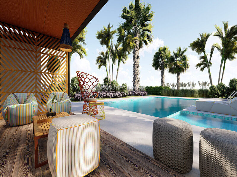 Área externa com mesa, cadeira e piscina