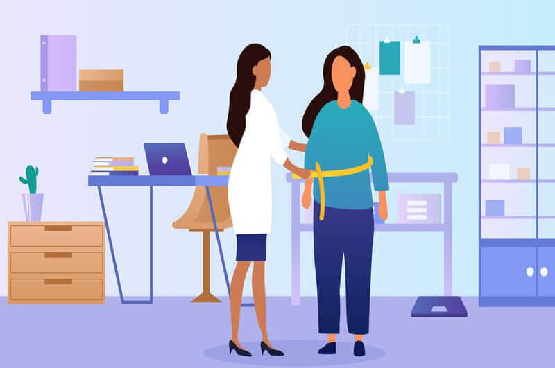 Ilustração de uma médica medindo a cintura de uma paciente