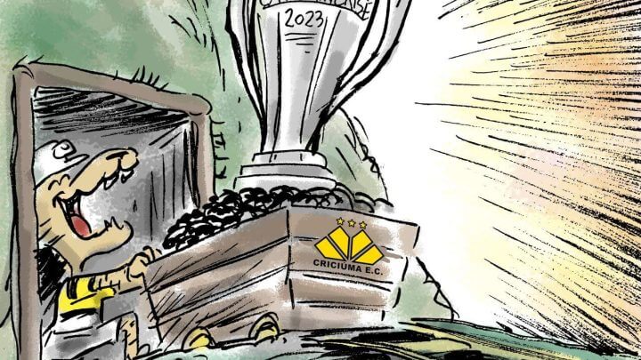 Imagem do mascoste do Criciúma, um tigre, saindo de uma mina de carvão com um carrinho com a taça escrito "campeão catarinese 2023"