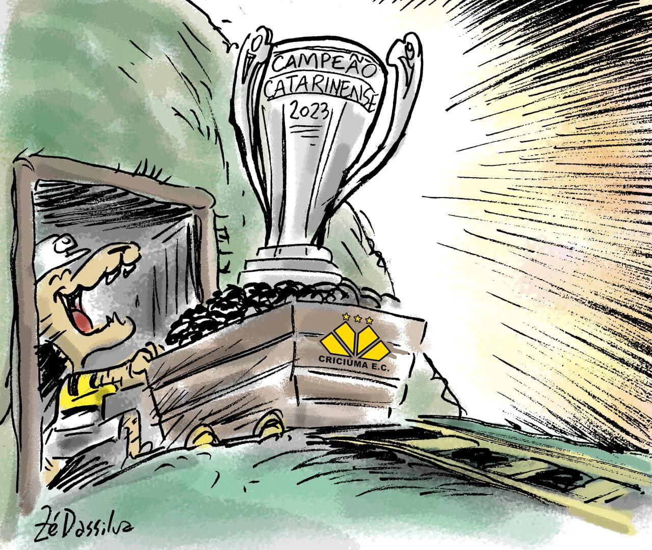 Imagem do mascoste do Criciúma, um tigre, saindo de uma mina de carvão com um carrinho com a taça escrito "campeão catarinese 2023"
