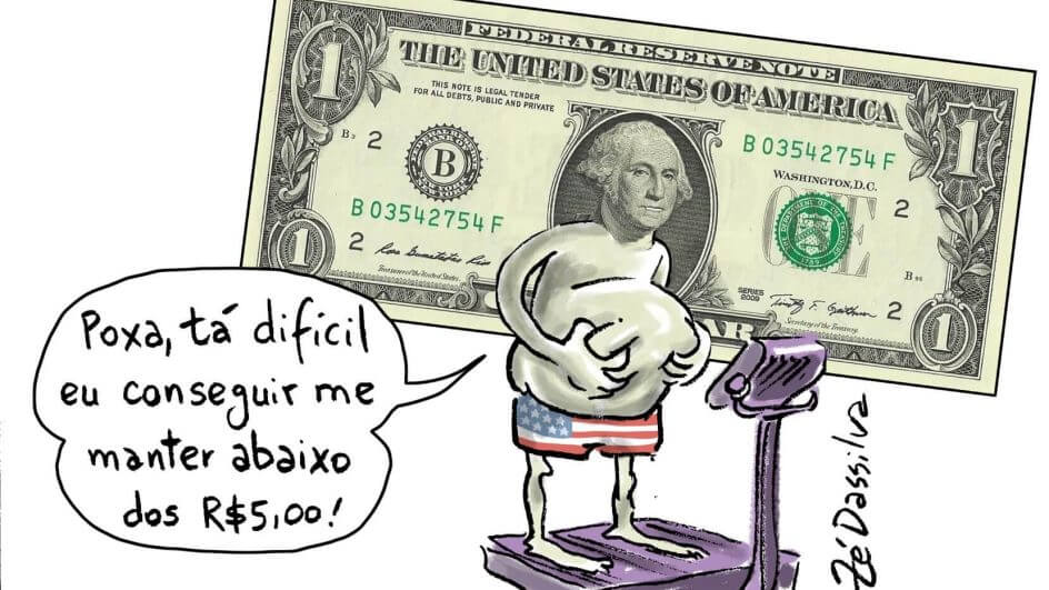 Na imagem aparece uma nota de 1 dólar, que tem a imagem do George Washington impressa, como se ele estivesse se pesando em uma balança e diz "Poxa, tá difícil eu conseguir me manter abaixo dos R$ 5,00"!