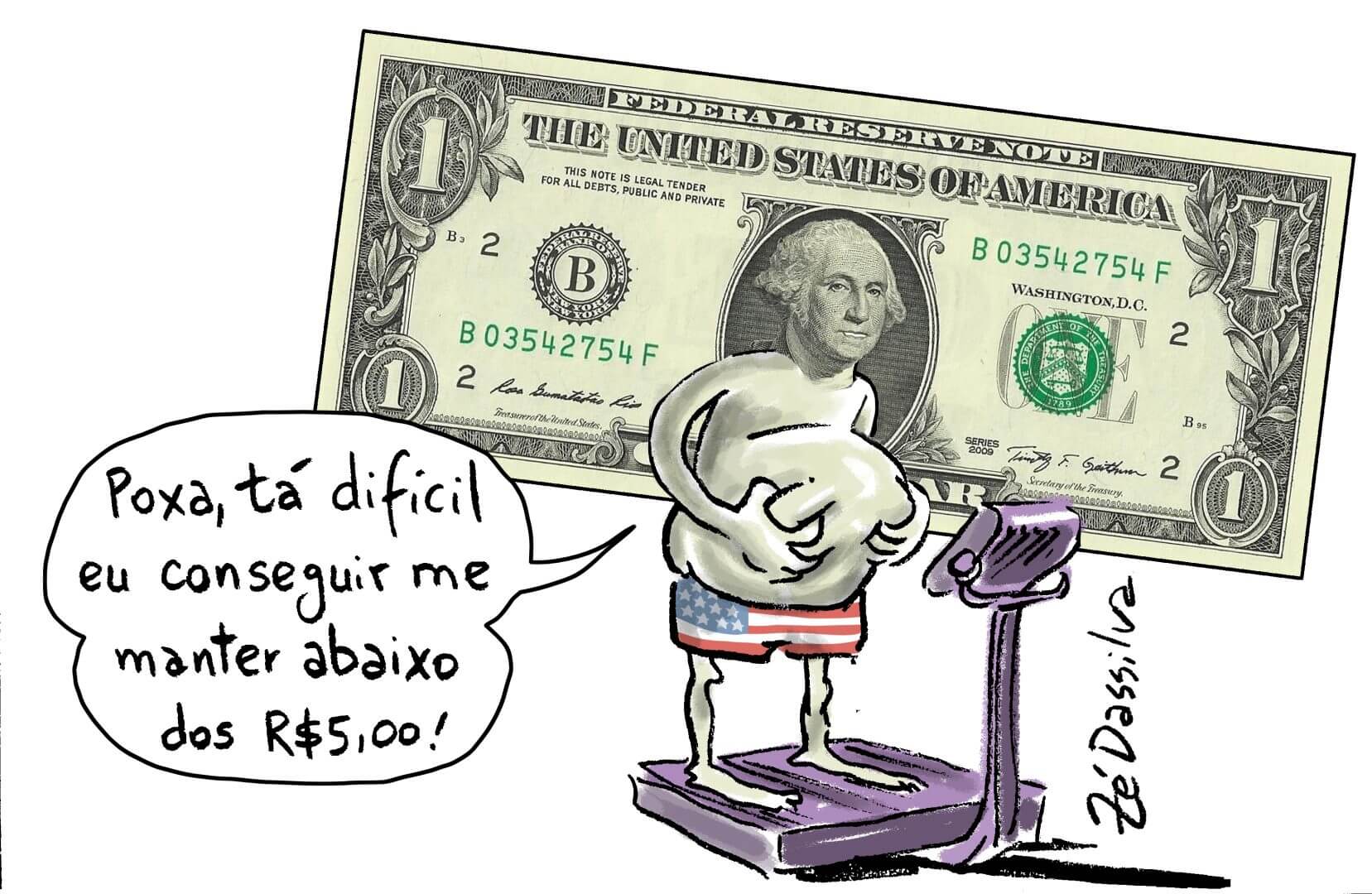 Na imagem aparece uma nota de 1 dólar, que tem a imagem do George Washington impressa, como se ele estivesse se pesando em uma balança e diz "Poxa, tá difícil eu conseguir me manter abaixo dos R$ 5,00"!
