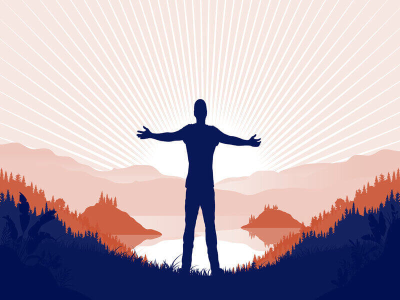 Ilustração de um homem de braços abertos em uma floresta