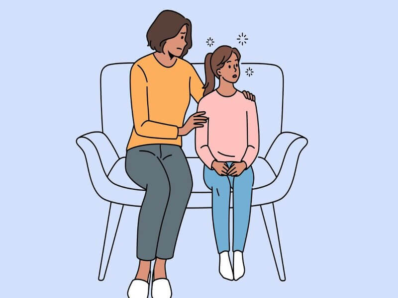 Ilustração de uma mulher sentada com uma jovem em um sofá