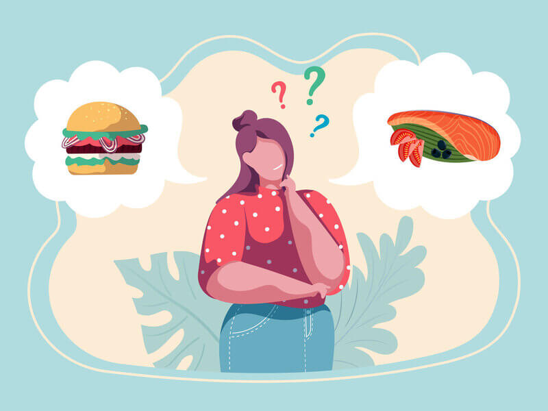 Ilustração de uma mulher decidindo entre um hambúrguer e peixe