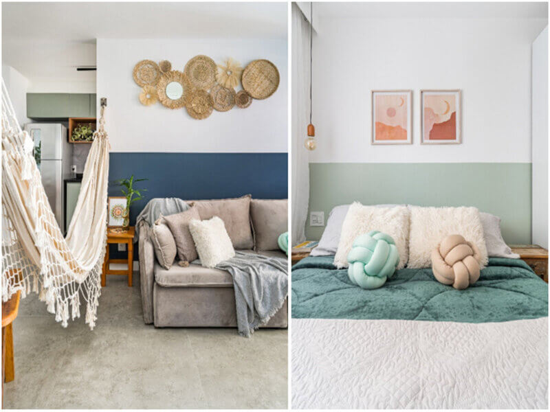 Sala de estar com parede branca e azul e quarto com parede verde e branca