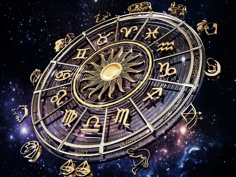 Circulo com os 12 signos do zodíaco em um céu estrelado