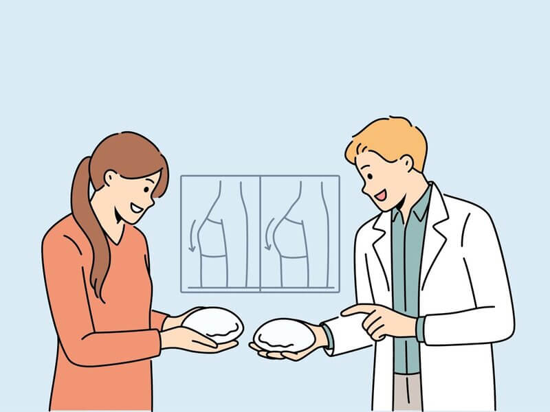 Ilustração de um médico mostrando prótese de silicone para uma mulher