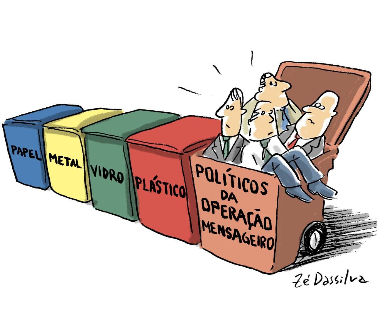 N imagem há quatro lixeiras de papel, metal, vidro e plástico. Ao lado tem uma lixeira escrito "políticos da operação mensageiro" com quatro homens engravatados dentro.
