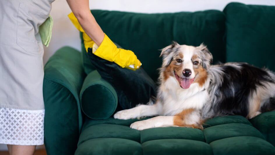 Pessoa limpando o sofá de pelos de cachorro